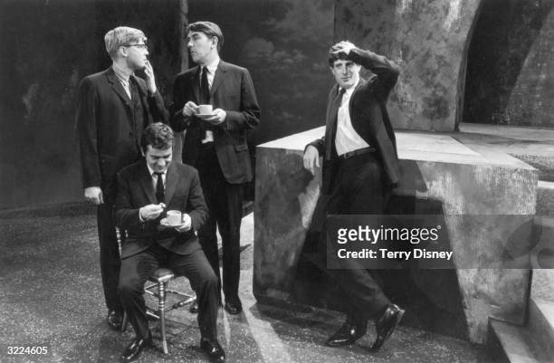 Comedians Alan Bennett, Peter Cook , Dudley Moore and Jonathan Miller while filming 'Beyond the Fringe' at the BBC.