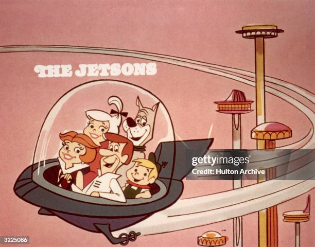 Cartoon family the Jetsons, comprised of George, Jane, Judy, Elroy, and Astro, flying in a space car in a space age city, in a still from the...
