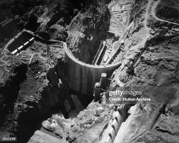 Aerial view of the construction of the Boulder Dam, renamed the Hoover Dam in 1947, shortly before its completion, Nevada.