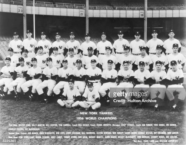 Official team portrait of the New York Yankees World Championship baseball team, posing in rows and wearing their uniforms. The team was managed by...