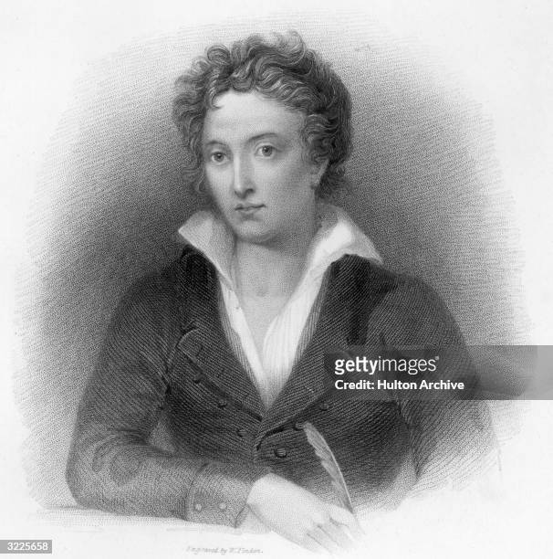 Illustrated portrait of English Romantic poet Percy Bysshe Shelley , who drowned while sailing in a storm. Original Artwork: Engraving by W Finden,...