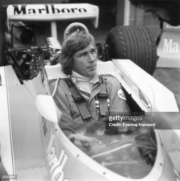 British racing driver James Hunt , shortly after leaving the Hesketh team and joining the McLaren Formula One team. He is seated in a Formula One...