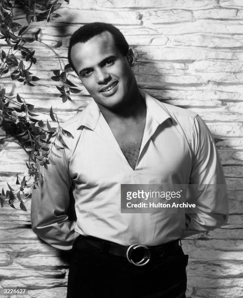 American actor and singer Harry Belafonte wearing an open-cut shirt.