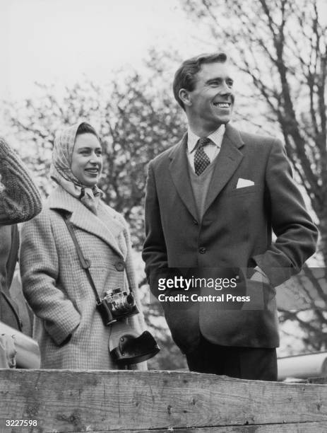 Princess Margaret at the Badminton Horse Trials with Lord Snowdon shortly after the announcement of their engagement.