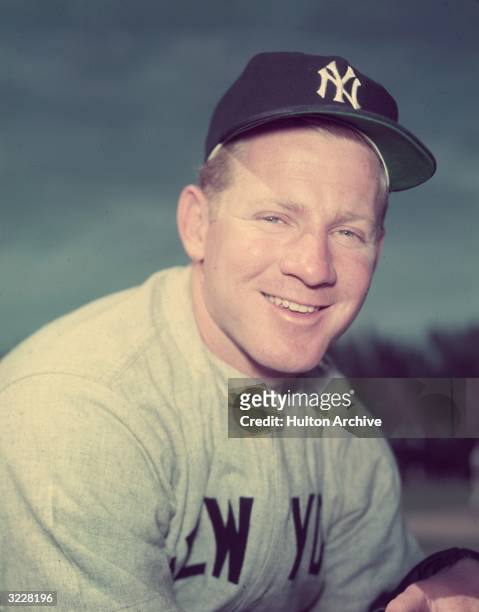 Headshot of New York Yankees pitcher Whitey Ford in his baseball uniform.
