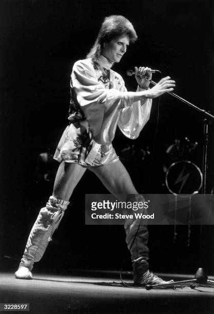 David Bowie on stage at the Hammersmith Odeon in London at the last of the Ziggy Stardust concerts.