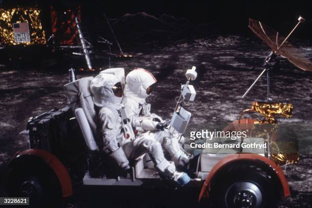 Moon buggy tests a simulated moon landing at Grumman Aviation, New York.