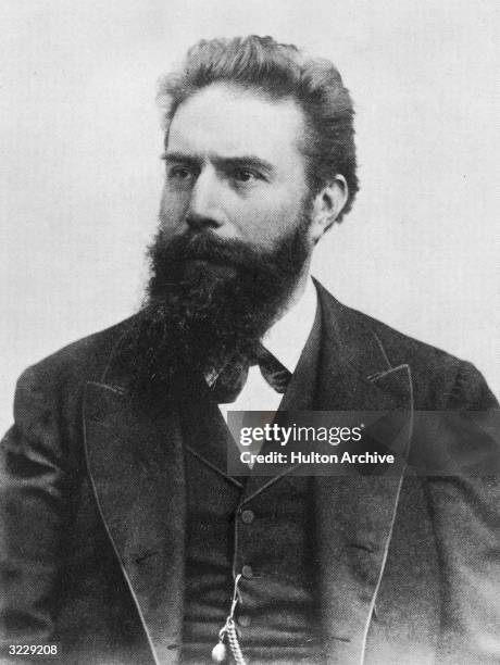 Studio portrait of German physicist Wilhelm Konrad Roentgen wearing a jacket and vest.