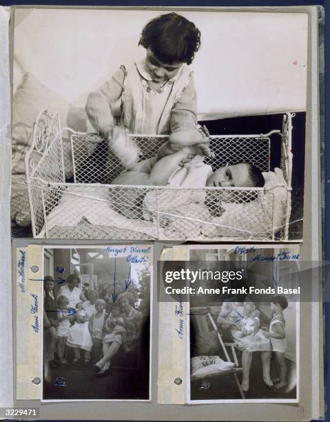 Page from Anne Frank's photo album containing three photographs of Anne as a baby with family members and friends, Frankfurt am Main, Germany.
