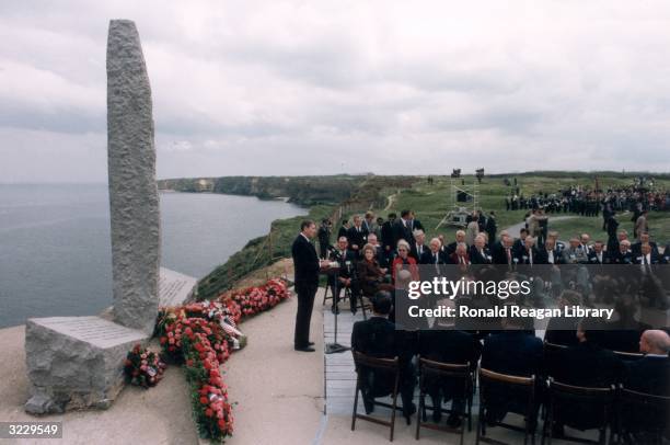 President Ronald Reagan delivers a speech commemorating the Fortieth Anniversary of D-Day, at the site of the Allied invasion, Pointe Du Hoc,...