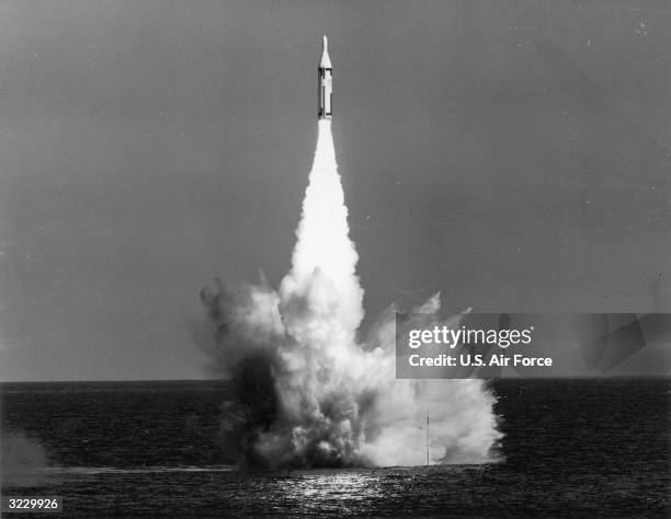 View of the second Polaris test vehicle of the U.S. Air Force Fleet Ballistic Missile program launching the USS George Washington missile, near...