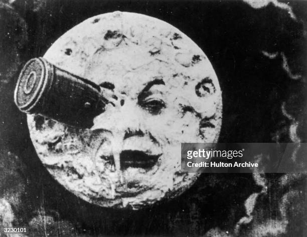 Rocket ship crashes into the moon in a still from director Georges Melies's film, 'A Trip to the Moon,' 1902.