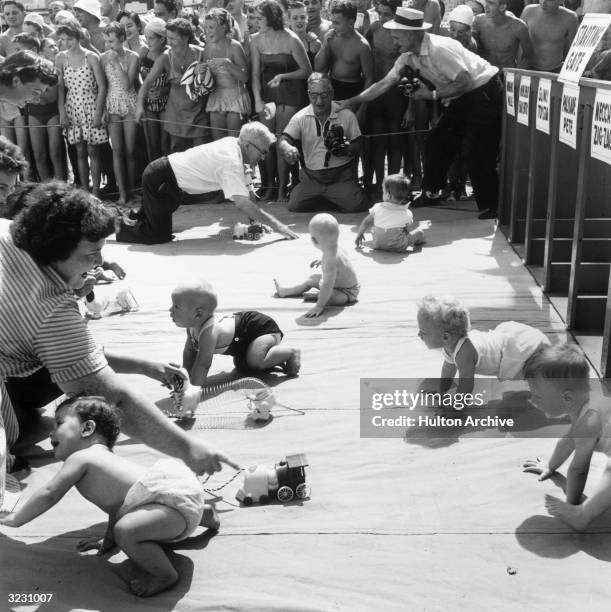 Group of infants crawl from the starting gate to their parents, holding toys, during the Baby Crawling Race at Palisades Amusement Park, New Jersey....