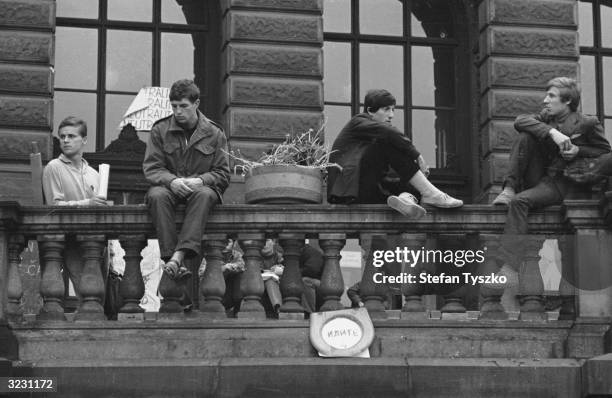 Czechoslovakian students in St Wenceslas square, Prague, during protests against the Soviet invasion.