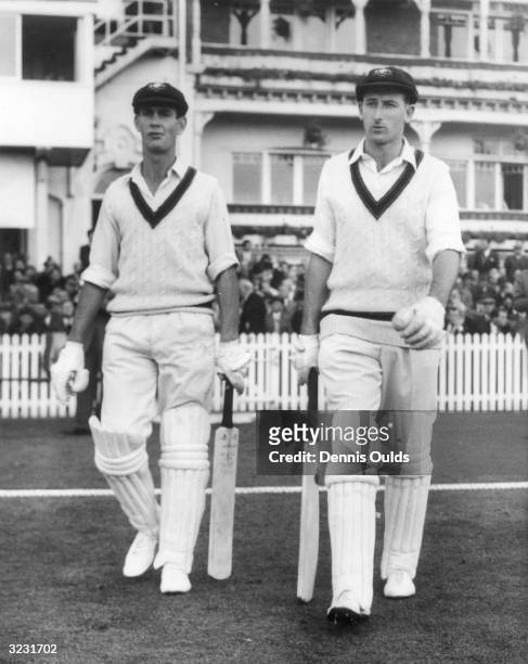 The Australian cricket captain Bill Lawry with his fellow opener Ian Redpath going out to bat at the First Test at Trent Bridge.