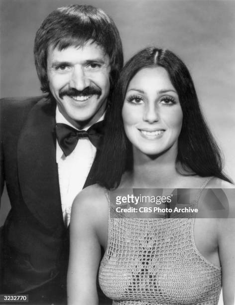 American actors, singers, and variety show hosts Sonny Bono and Cher pose together in a promotional portrait for 'The Sonny and Cher Comedy Hour'....