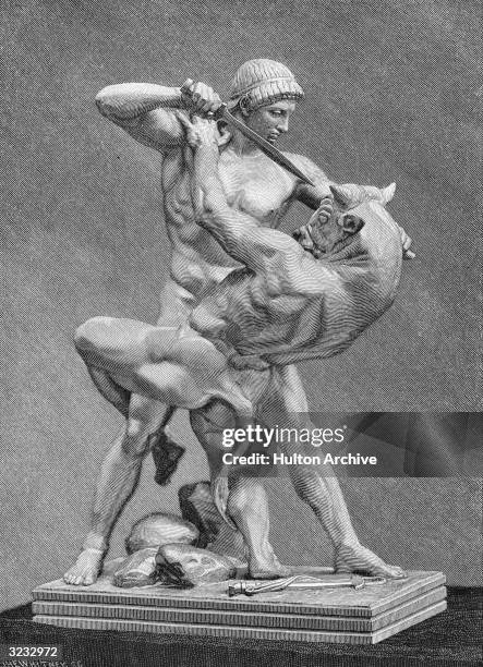 Theseus, who in Greek mythology was the son of Aegeus, King of Athens. He is depicted here battling with the Minotaur as described in Ovid's...