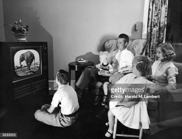 Family of five watches a television program featuring a trained elephant while sitting together in their living room.
