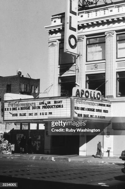 Exterior view of the Apollo Theater at 125th Street in Harlem, New York City. KRS One & Boogie Down Productions with Rob Base are featured are the...