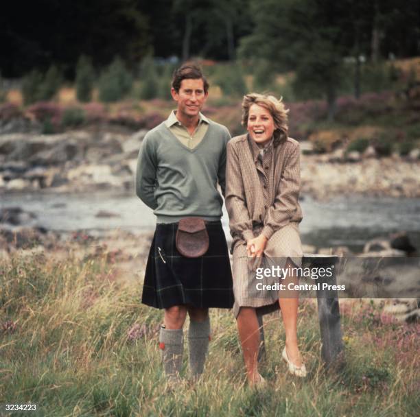 Charles, Prince of Wales, and Diana, Princess of Wales, in the grounds of Balmoral Castle, Scotland whilst on their honeymoon.
