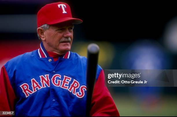 Manager Johnny Oates of the Texas Rangers in action during a game against the Oakland Athletics at the Oakland Coliseum in Oakland, California. The...