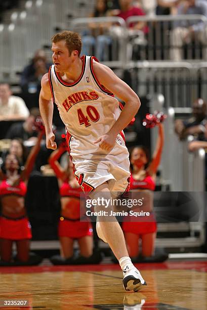 Jason Collier of the Atlanta Hawks runs during the game against the Memphis Grizzlies at Philips Arena on March 29, 2004 in Atlanta, Georgia. The...