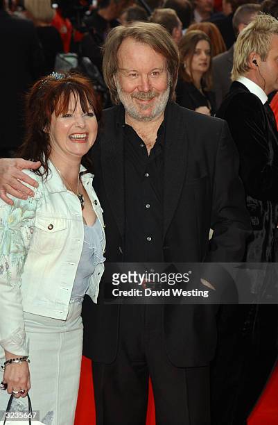 Benny Andersson of ABBA and his wife Mona Norklit arrive at the fifth anniversary performance of "Mamma Mia!," a musical based on ABBA's hits at the...