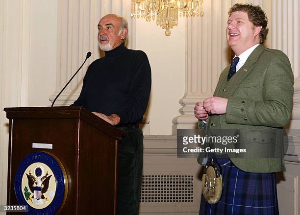 In this handout photo provided by The National Tartan Day Committee, actor Sir Sean Connery addresses attendees at a National Tartan Day reception in...