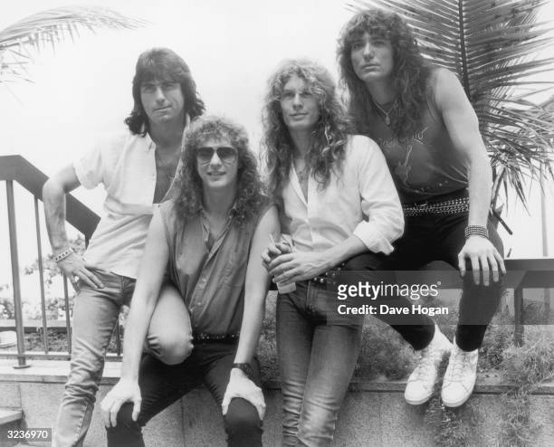 Heavy metal band Whitesnake in Rio de Janeiro, 24th January 1985. From left to right, Cozy Powell , Neil Murray, John Sykes and David Coverdale.