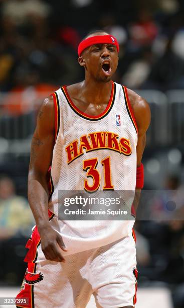 Jason Terry of the Miami Heat reacts after the play against the Atlanta Hawks during the game at Philips Arena on March 31, 2004 in Atlanta, Georgia....