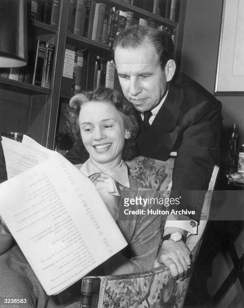 British-born actor Jessica Tandy and her husband, Canadian actor Hume Cronyn , reading the script for their NBC radio program 'Marriage'. Cronyn is...