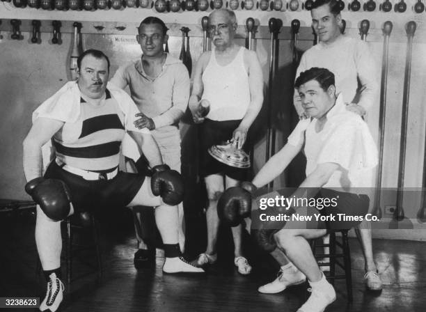 Left to right; American jazz bandleader Paul Whiteman , gym owner Artie McGovern, American popular composer John Philip Sousa , Christy Walsh and...