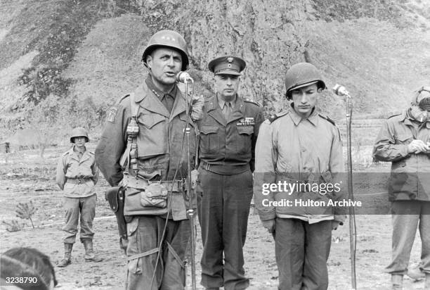 Lieutenant Matthew Bunker Ridgway , Commander in Chief of United Nations Forces in Korea, addresses a Greek battalion during ceremonies celebrating...