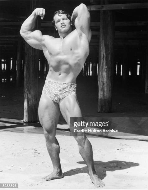 Full-length image of Austrian-born bodybuilder Arnold Schwarzenegger flexing his muscles and wearing a print bathing suit, Muscle Beach, Santa...