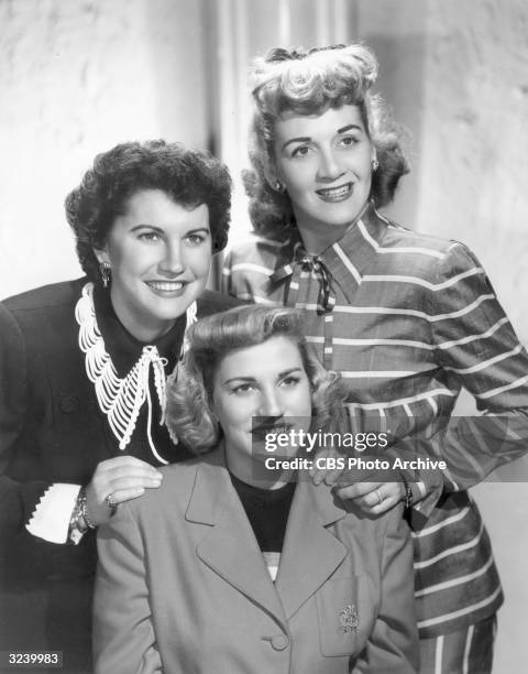 Studio portrait of the Dixieland-style singers the Andrews Sisters. L-R: Maxene, Patty and Laverne Andrews.