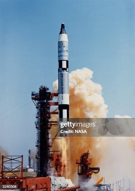 The Titan 2 ICBM, used for launch of the Gemini manned spacecraft in the 1960's. The Gemini capsule, which carries two astronatuts is on top of the...