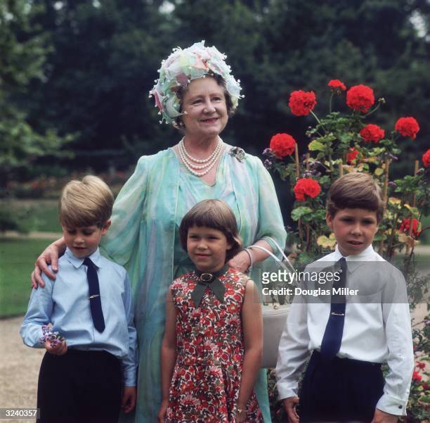 Prince Edward, Sarah Armstrong Jones and Viscount Linley visiting their grandmother, Elizabeth the Queen Mother on her 70th birthday.