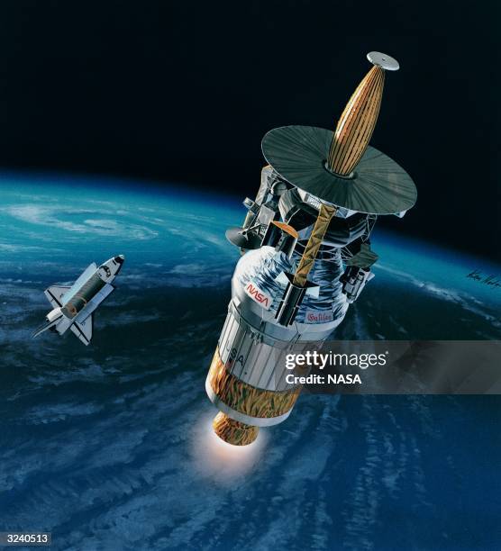 An artist's impression of the Galileo probe just after its release from the Space Shuttle Atlantis. The probe's six year mission includes a study of...