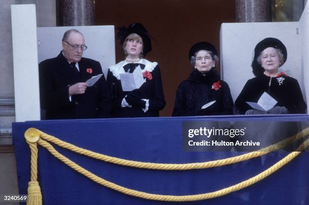 King Olav of Norway , Princess Diana , Alice, Duchess of Gloucester and The Queen Mother singing a hymn during the Remembrance Sunday service at the...