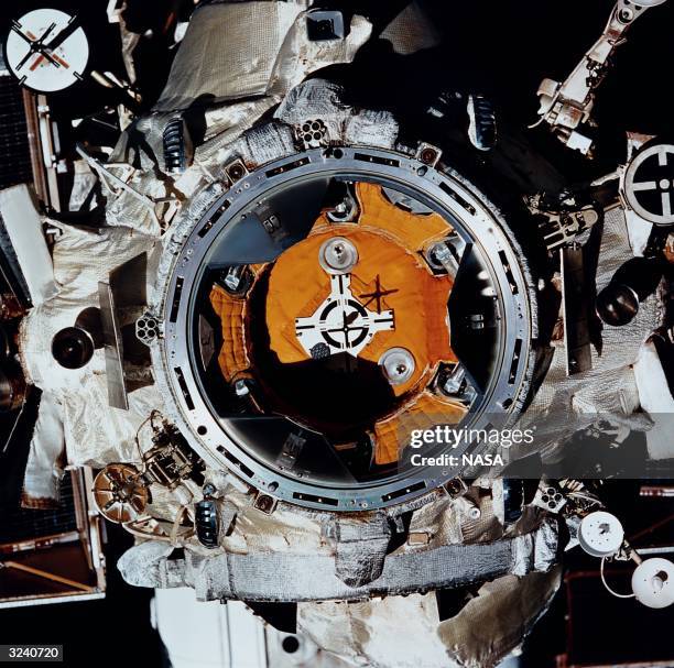 Close-up of the docking target on the Russian space station Mir, as photographed by one of the STS-63 crew members on the American shuttle Discovery....