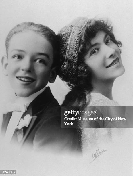 Studio headshot portrait of American dancing and singing partners Fred and Adele Astaire as children.