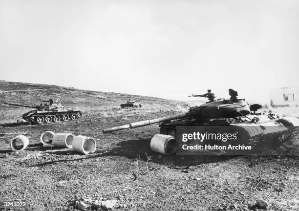 View of three destroyed Syrian tanks on the front during the Yom Kippur Arab-Israeli War, Syria. Israel retained control of its territories in the...