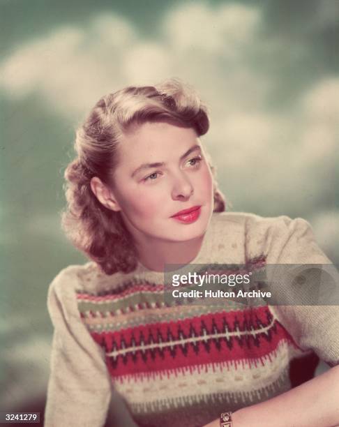 Studio headshot portrait of Swedish-born actor Ingrid Bergman wearing an Fair Isle sweater.