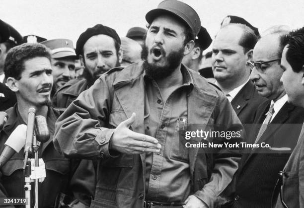 Cuban president Fidel Castro speaks to reporters after attending the UN General Assembly meeting, New York City.