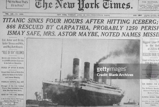 Front page of The New York Times newspaper with headlines announcing the sinking of the 'Titanic' ocean liner, dated Tuesday.