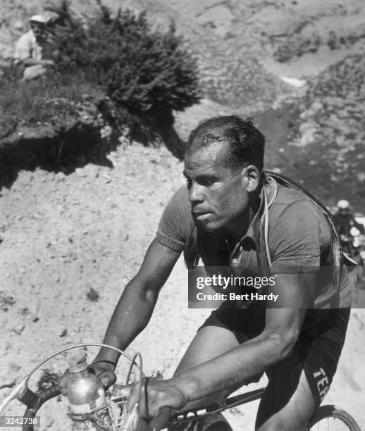 Algerian cyclist Abdel-Kader Zaaf competing in a mountain stage of the 38th edition of the Tour de France, 4th - 29th July 1951. Zaaf became that...