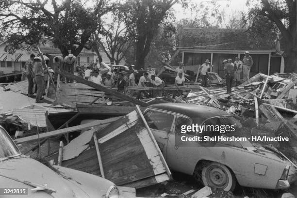View of wreckage in the aftermath of Hurricane Audrey, Louisiana.