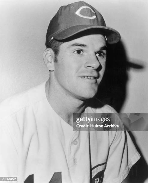 Headshot of American baseball player Pete Rose in uniform for the Cincinnati Reds.