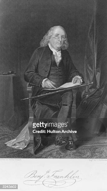 Portrait of Benjamin Franklin , American statesman, scientist, philosopher. Published 'Poor Richard's Almanac' 1732-57, invented the Franklin stove,...