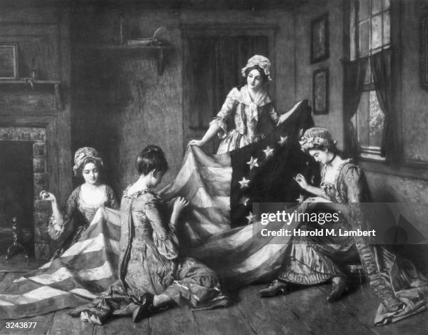 Painting of American seamstress Betsy Ross sewing the American flag with her assistants, Philadelphia, Pennsylvania.